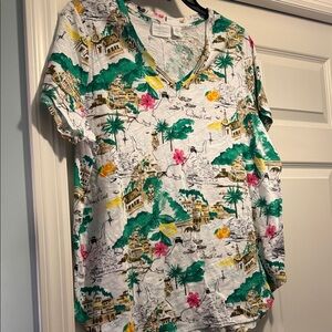 Cynthia Rowley Tropical Amalfi Coast  Print V-Neck Tee Size 2X